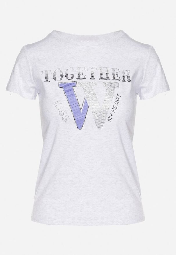 Born2be - Jasnoszary T-shirt z Bawełny Ozdobiony Napisem i Cyrkoniami Raltebis. Okazja: na co dzień. Kolor: szary. Materiał: bawełna. Wzór: aplikacja, napisy. Sezon: lato, wiosna. Styl: klasyczny, casual
