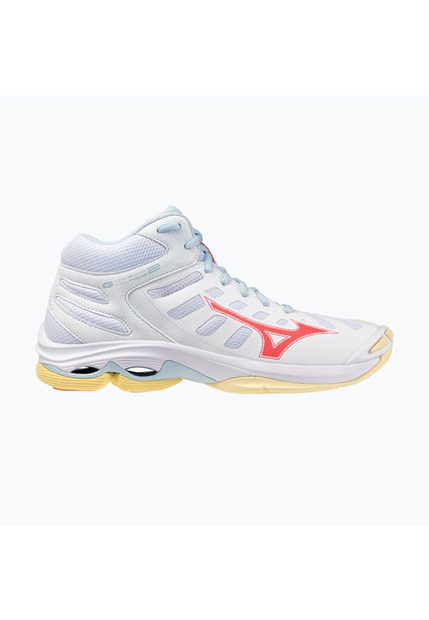 Buty do siatkówki damskie Mizuno Wave Voltage 2 Mid white/calypso coral/pale. Kolor: biały. Model: Mizuno Wave. Sport: siatkówka