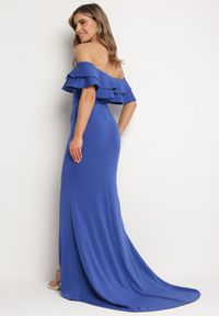 Born2be - Granatowa Elegancka Sukienka Typu Hiszpanka z Rozkloszowanym Dołem i Wycięciami Tumini. Okazja: na imprezę. Typ kołnierza: dekolt hiszpanka. Kolor: niebieski. Materiał: skóra. Długość rękawa: krótki rękaw. Typ sukienki: rozkloszowane, dopasowane. Styl: elegancki #6