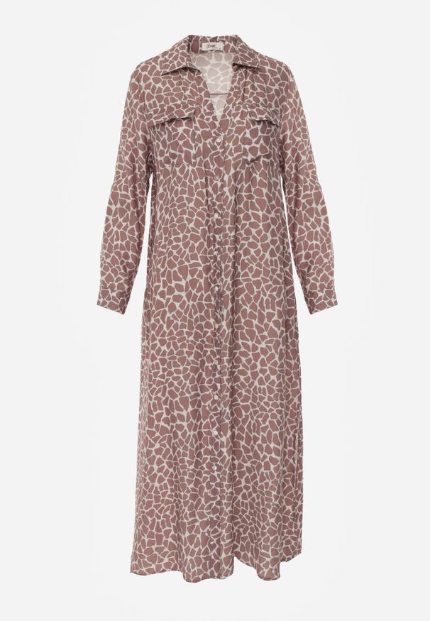 Born2be - Beżowa Sukienka Koszulowa z Wiskozą w Zwierzęcy Wzór Żyrafy Nevetalia. Okazja: na co dzień. Kolor: beżowy. Materiał: wiskoza. Wzór: motyw zwierzęcy. Typ sukienki: koszulowe. Styl: casual, klasyczny