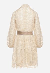 Born2be - Jasnobeżowa Sukienka z Paskiem Demamia. Okazja: na co dzień. Typ kołnierza: kołnierzyk stójkowy. Kolor: beżowy. Materiał: materiał, koronka. Długość rękawa: długi rękaw. Typ sukienki: proste. Styl: casual. Długość: mini #6