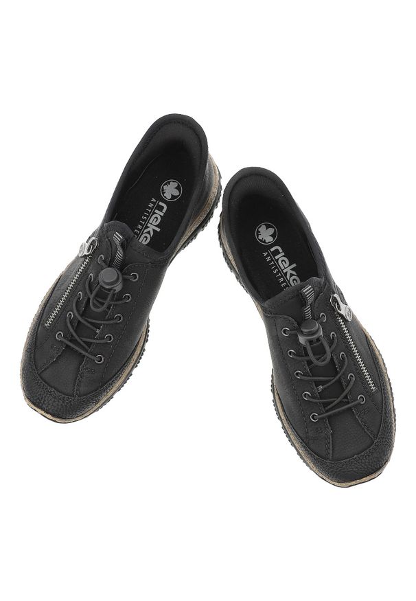 Czarne Półbuty Rieker Stylowe Obuwie Damskie. Okazja: na spacer, na co dzień. Zapięcie: zamek. Kolor: czarny. Materiał: materiał, syntetyk. Szerokość cholewki: normalna. Styl: elegancki