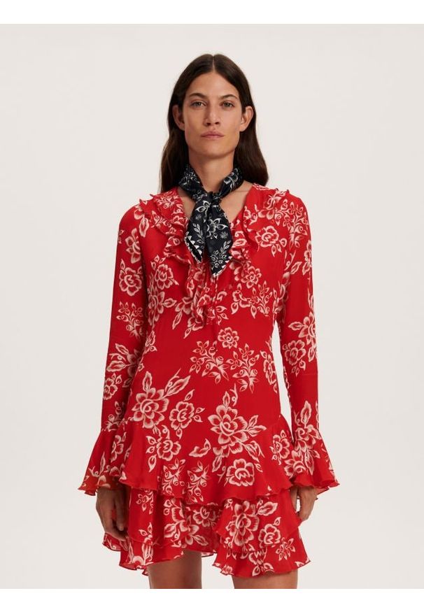 Reserved - Sukienka mini z falbanami - wielobarwny. Materiał: wiskoza. Wzór: nadruk, kwiaty. Długość: mini