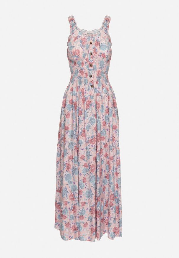 Born2be - Jasnoróżowa Rozkloszowana Sukienka Bawełniana w Kwiatowy Print z Guzikami Jamallia. Okazja: na co dzień. Kolor: różowy. Materiał: bawełna. Wzór: kwiaty, nadruk. Typ sukienki: proste. Styl: casual, klasyczny