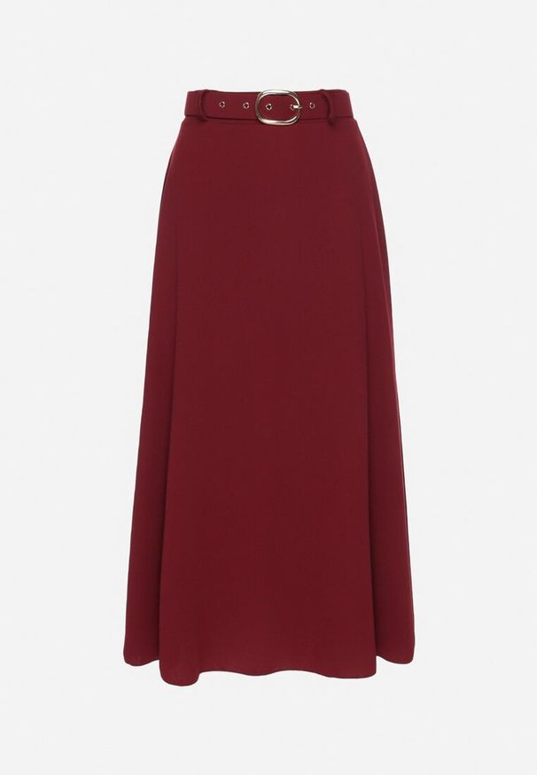 Born2be - Bordowa Rozkloszowana Spódnica z Wysokim Stanem Ozdobiona Paskiem z Klamrą Lobir. Okazja: na co dzień. Stan: podwyższony. Kolor: czerwony. Materiał: jedwab. Wzór: aplikacja. Styl: elegancki, casual