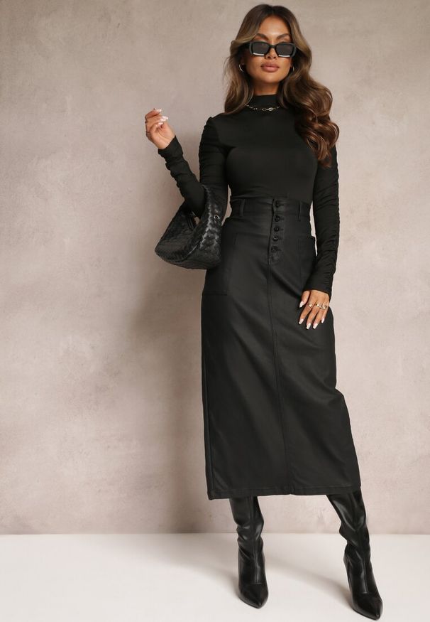 Renee - Czarna Ołówkowa Spódnica Midi High Waist z Ekoskóry Adaulfo. Stan: podwyższony. Kolor: czarny. Sezon: zima