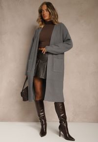 Renee - Szary Długi Kardigan Niezapinany z Bawełną Ferrive. Okazja: na co dzień. Kolor: szary. Materiał: bawełna. Długość: długie. Styl: casual #4