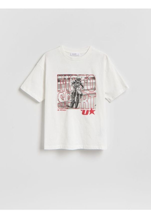 Reserved - T-shirt z nadrukiem - złamana biel. Materiał: dzianina, bawełna. Wzór: nadruk