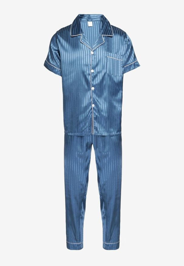 Renee - Niebieski Komplet Piżamowy Satynowy Koszula z Krótkim Rękawem Długie Spodnie Rivaellia. Kolor: niebieski. Materiał: satyna. Długość: krótkie