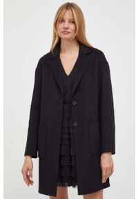TwinSet - Twinset płaszcz wełniany kolor czarny przejściowy. Kolor: czarny. Materiał: wełna. Styl: klasyczny