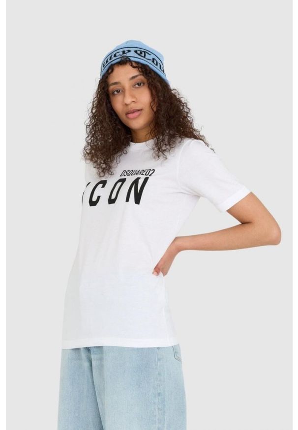 DSQUARED2 Biały t-shirt damski z logo icon, Rozmiar L. Kolor: biały. Materiał: bawełna