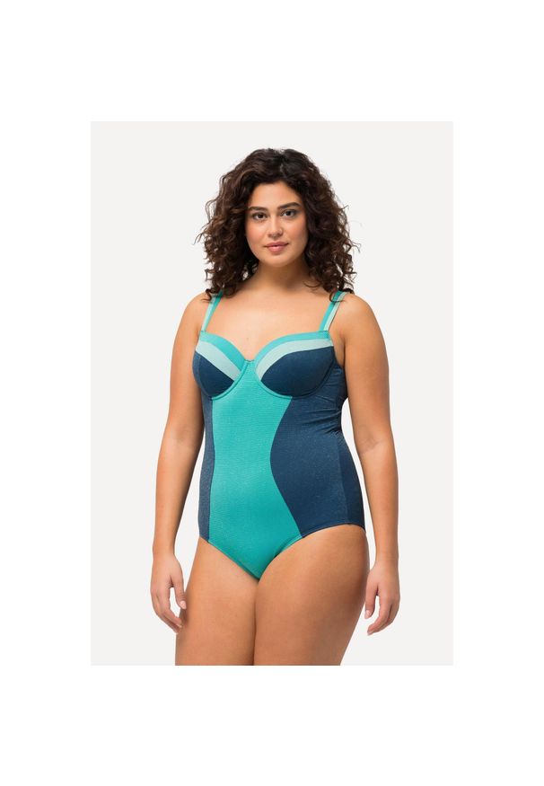 ULLA POPKEN - Damski Kostium kąpielowy błyszczący materiał miękkie miseczki fiszbiny. Kolekcja: plus size. Kolor: niebieski, turkusowy, wielokolorowy. Materiał: materiał
