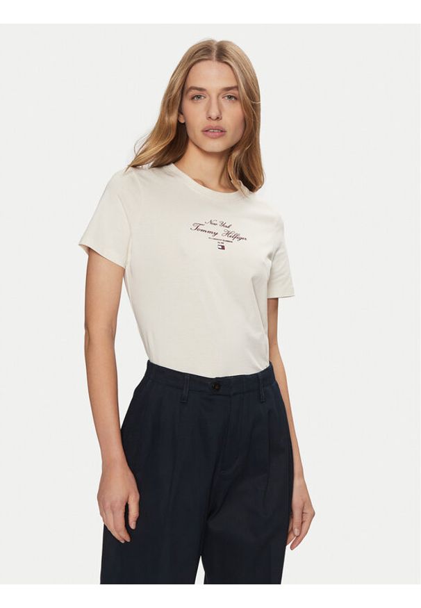 TOMMY HILFIGER - Tommy Hilfiger T-Shirt WW0WW43895 Écru Regular Fit. Kolor: kremowy. Materiał: bawełna