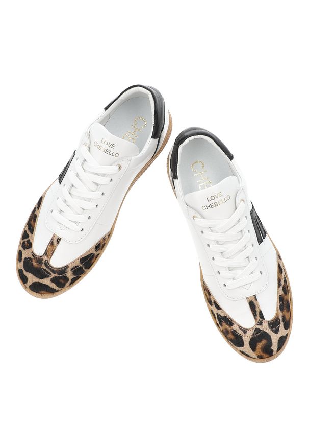 CheBello - Białe Sneakersy Chebello Modne Obuwie Damskie Panterka. Zapięcie: sznurówki. Kolor: biały. Materiał: guma, skóra. Szerokość cholewki: normalna. Wzór: motyw zwierzęcy. Styl: klasyczny, elegancki