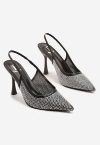 Renee - Czarne Sandały Szpilki Slingback z Noskiem w Szpic Zdobione Cyrkoniami Zenvia. Okazja: na imprezę, do pracy, na spotkanie biznesowe. Kolor: czarny. Wzór: aplikacja. Obcas: na szpilce. Styl: wizytowy, biznesowy #6