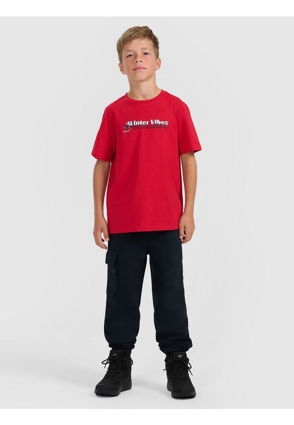 4f - 4F T-shirt regular z nadrukiem chłopięcy - czerwony 152 (11-12 lat). Okazja: na uczelnię, na co dzień. Kolor: czerwony. Wzór: nadruk. Sezon: lato. Styl: casual, klasyczny