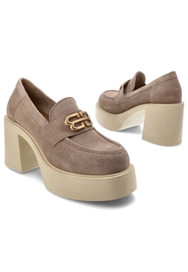 Beżowe Półbuty Armodo Stylowe Obuwie Damskie. Okazja: na co dzień. Kolor: beżowy. Materiał: materiał. Obcas: na obcasie. Styl: elegancki. Wysokość obcasa: średni