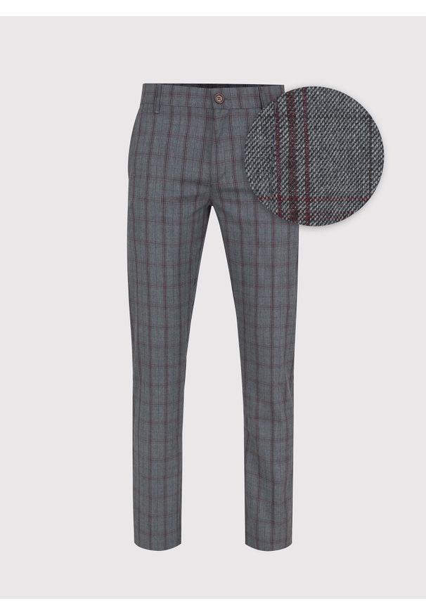 Pako Lorente - PAKO LORENTE – Szare spodnie męskie w bordową kratę. Okazja: na co dzień. Kolor: wielokolorowy, szary, czerwony. Materiał: poliester, wiskoza. Styl: casual