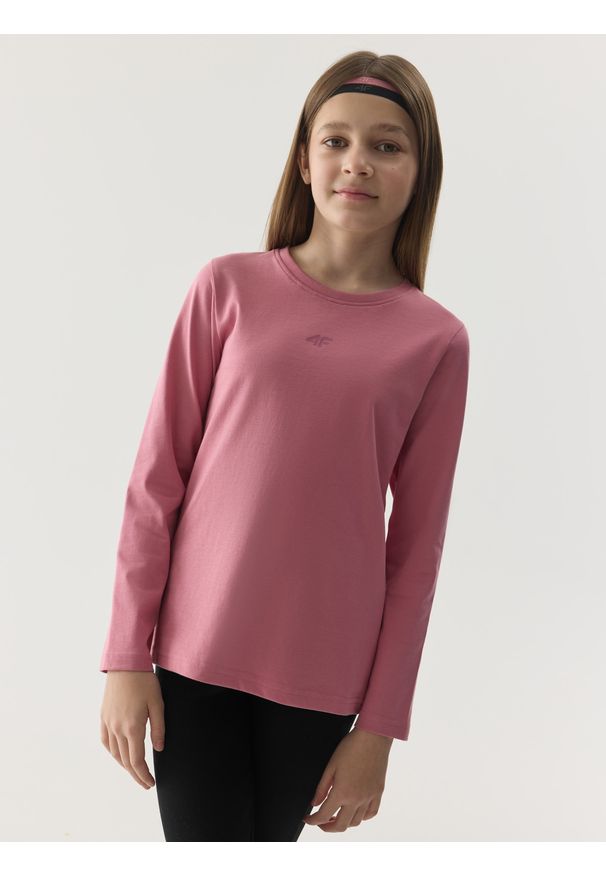 4f - Longsleeve regular gładki dziewczęcy - różowy. Okazja: na co dzień. Kolor: różowy. Materiał: bawełna, jersey, dzianina. Długość rękawa: długi rękaw. Długość: długie. Wzór: gładki. Styl: sportowy, casual