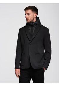 Ombre Clothing - Marynarka męska z podpinką z wysokim kołnierzem i kapturem – czarna V2 - Rozmiar: L. Typ kołnierza: kaptur. Kolor: czarny. Materiał: dzianina, poliester, syntetyk, materiał. Wzór: aplikacja. Styl: elegancki