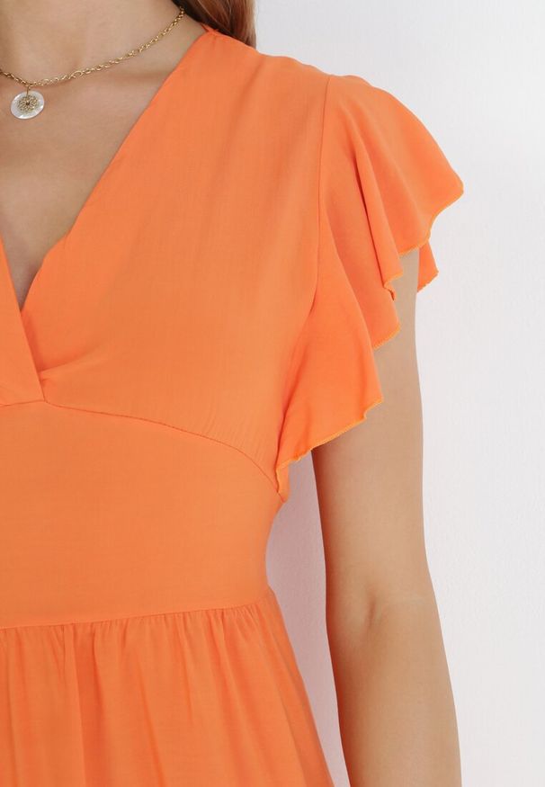 Born2be - Pomarańczowa Gładka Sukienka Mini Taliowana z Falbankami Wokół Ramion Zynnas. Typ kołnierza: kołnierz z falbankami. Kolor: pomarańczowy. Wzór: gładki. Sezon: lato. Długość: mini