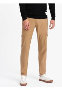 Ombre Clothing - Spodnie męskie materiałowe REGULAR z kieszeniami cargo - jasnobrązowe V4 OM-PACG-0178 - XXL. Kolor: brązowy. Materiał: materiał #8