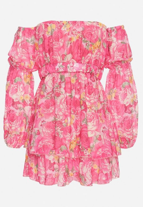 Born2be - Fuksjowa Wiskozowa Sukienka Hiszpanka z Falbanami i Paskiem w Kwiaty Virmoi. Okazja: na spacer, na co dzień. Typ kołnierza: dekolt hiszpanka. Kolor: różowy. Materiał: wiskoza. Wzór: kwiaty. Typ sukienki: proste. Styl: casual