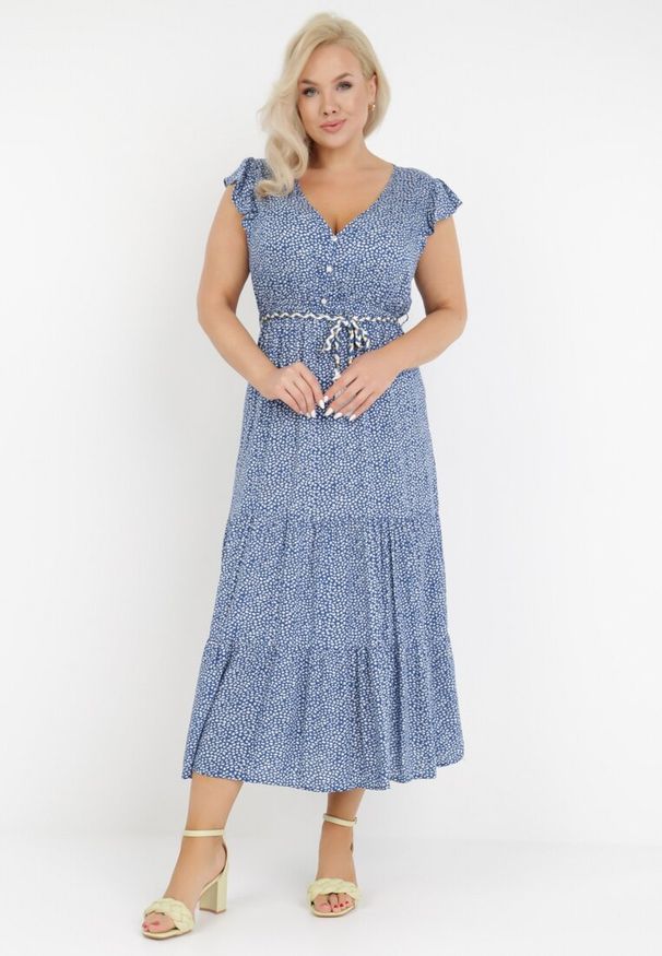 Born2be - Niebieska Sukienka Tudanna. Typ kołnierza: dekolt w kształcie V. Kolor: niebieski. Materiał: materiał, tkanina. Wzór: aplikacja, kwiaty, ażurowy. Długość: maxi