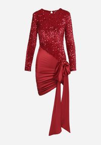 Born2be - Bordowa Sukienka z Usztywnionymi Ramionami Cekinami Kokardką i Satynowym Dołem Vamiera. Okazja: na co dzień. Typ kołnierza: kokarda. Kolor: czerwony. Materiał: satyna. Długość rękawa: długi rękaw. Typ sukienki: dopasowane. Styl: klasyczny, casual #2