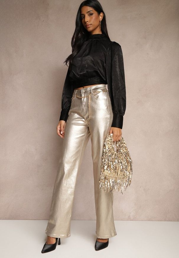 Renee - Złote Szerokie Spodnie Metaliczne High Waist z Ekoskóry Tranise. Stan: podwyższony. Kolor: złoty. Materiał: skóra