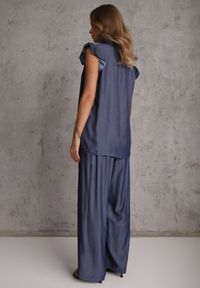 Renee - Granatowy Komplet z Wiskozą Bluzka z Kołnierzem i Spodnie Wide Leg Naunne. Kolekcja: plus size. Kolor: niebieski. Materiał: wiskoza. Wzór: gładki #2