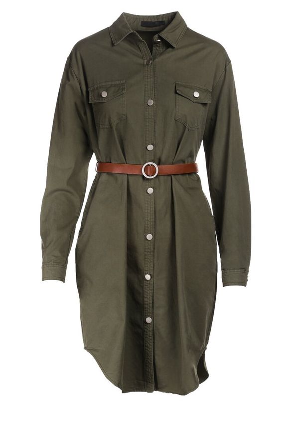 Born2be - Ciemnozielona Sukienka Deliberation. Typ kołnierza: kołnierzyk klasyczny. Kolor: zielony. Długość rękawa: długi rękaw. Wzór: aplikacja. Typ sukienki: asymetryczne, koszulowe. Styl: klasyczny. Długość: mini