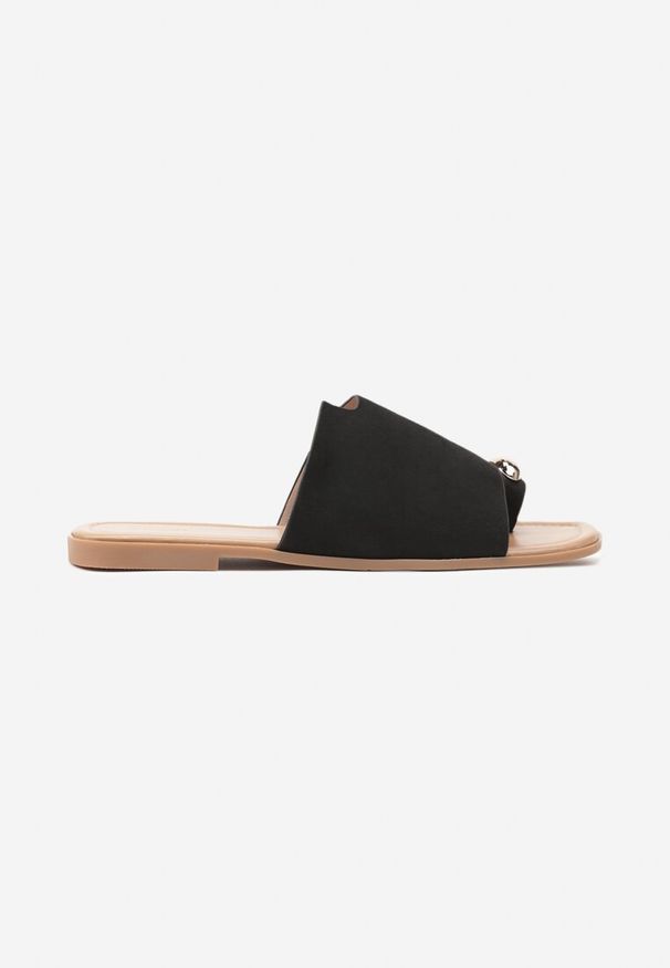 Renee - Czarne Klapki Vices w Stylu Japonek Ozdobione Metaliczną Aplikacją Ardellia. Okazja: na co dzień. Kolor: czarny. Materiał: len. Wzór: aplikacja. Styl: elegancki, casual