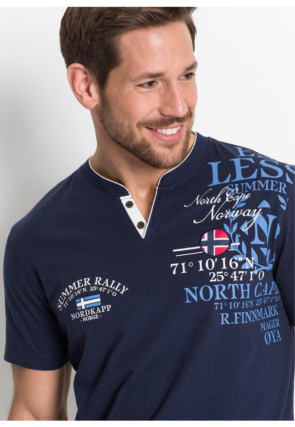 bonprix - Koszulka z czystej bawełny organicznej z dekoltem henley i krótkim rękawem. Typ kołnierza: typu henley. Kolor: niebieski. Materiał: bawełna. Długość rękawa: krótki rękaw. Długość: krótkie. Wzór: nadruk, aplikacja