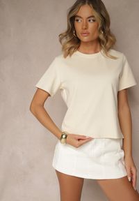 Renee - Beżowy Klasyczny T-shirt z Grubszej Bawełny Tiavone. Okazja: na co dzień. Kolor: beżowy. Materiał: bawełna. Styl: klasyczny