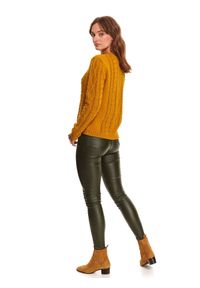 TOP SECRET - Damski ażurowy sweter. Kolor: żółty. Materiał: materiał, jeans, bawełna. Długość rękawa: długi rękaw. Długość: długie. Wzór: ażurowy. Sezon: zima #2