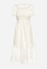 Born2be - Beżowo-Niebieska Rozkloszowana Sukienka z Bufiastymi Rękawami i Marszczoną Górą Vikinania. Okazja: na imprezę, na co dzień. Kolor: beżowy. Materiał: skóra. Styl: casual #7