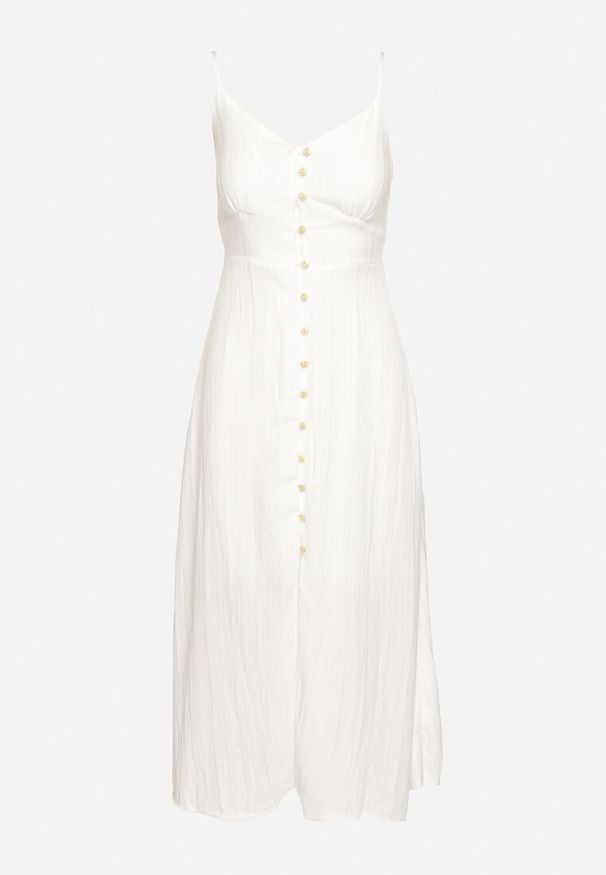 Born2be - Biała Sukienka na Cienkich Regulowanych Ramiączkach Zapinana na Guziki Palfea. Kolor: biały. Długość rękawa: na ramiączkach. Wzór: aplikacja. Styl: elegancki