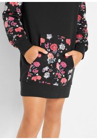 bonprix - Sukienka dresowa z czystej bawełny. Typ kołnierza: kaptur. Kolor: czarny. Materiał: bawełna, dresówka. Wzór: aplikacja, kwiaty #2