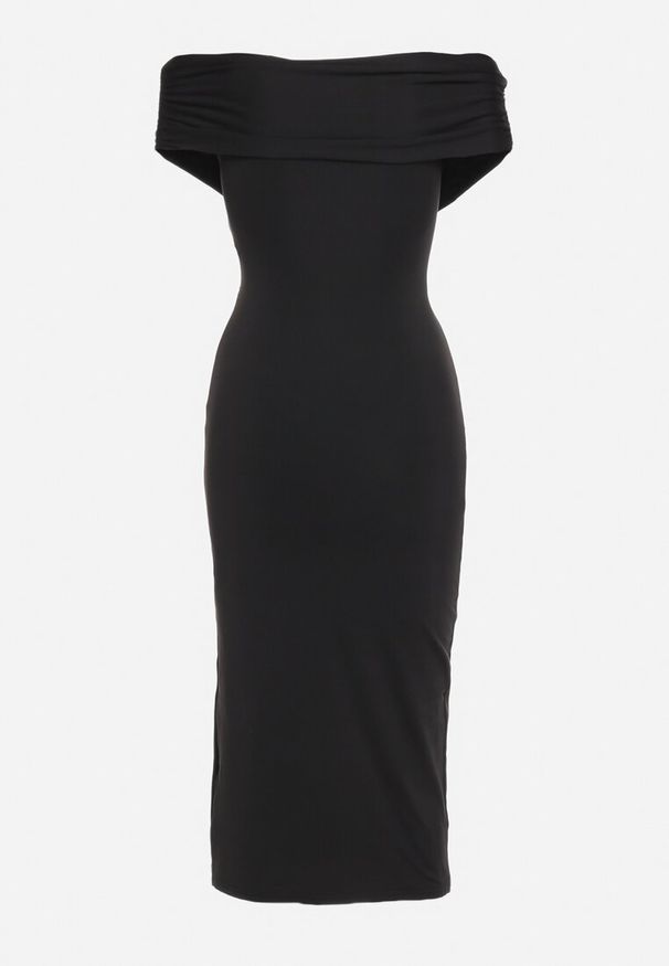 Born2be - Czarna Sukienka Dopasowana z Ozdobnie Wywiniętą Górą i Rozcięciem na Boku Mleora. Kolor: czarny. Styl: elegancki