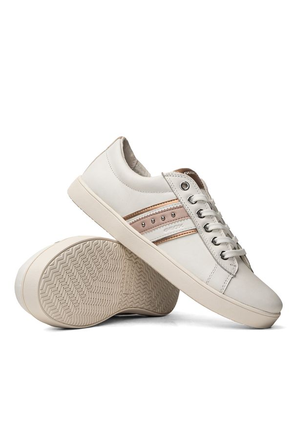 Geox - Sneakersy dziecięce białe GEOX J Kathe Girl. Kolor: biały. Materiał: skóra, syntetyk, materiał, guma. Wzór: aplikacja, motyw z bajki. Sport: turystyka piesza