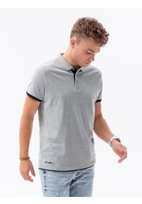 Ombre Clothing - Koszulka męska polo bawełniana - jasnoszara V7 S1382 - S. Typ kołnierza: polo. Kolor: szary. Materiał: bawełna. Wzór: nadruk. Styl: klasyczny