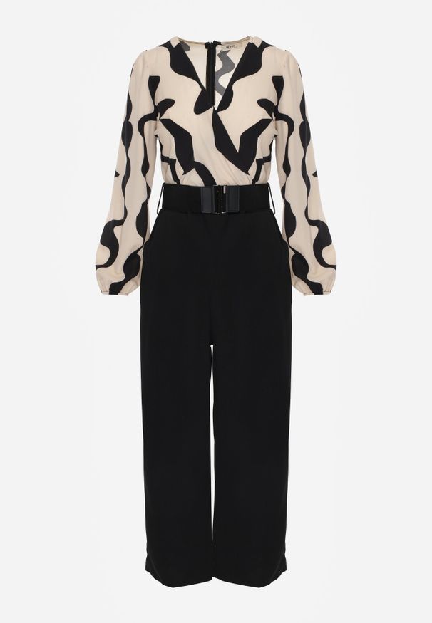 Born2be - Beżowy Kombinezon z Kopertowym Dekoltem i Paskiem Freselam. Okazja: na co dzień, do pracy, na spotkanie biznesowe. Kolor: beżowy. Długość rękawa: długi rękaw. Długość: długie. Styl: klasyczny, casual, biznesowy, elegancki