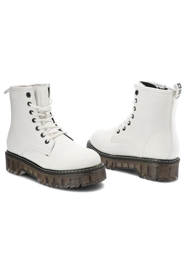 Big-Star - Białe Glany Big Star Damskie Modne Buty Jesienne. Okazja: na co dzień. Kolor: biały. Materiał: skóra ekologiczna, materiał. Szerokość cholewki: normalna. Sezon: jesień. Obcas: na obcasie. Styl: casual. Wysokość obcasa: niski