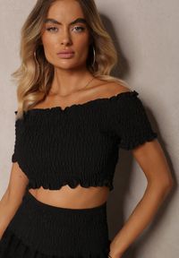 Renee - Czarny Ażurowy Komplet z Bawełny Top w Hiszpańskim Stylu Spódnica z Gumką w Talii Vimariah. Kolor: czarny. Materiał: bawełna. Wzór: ażurowy #5