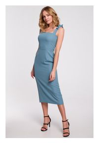 Makover - K046 Sukienka midi z wiązanymi ramiączkami - zimny niebieski. Okazja: na co dzień. Kolor: niebieski. Materiał: tkanina. Długość rękawa: na ramiączkach. Typ sukienki: proste. Styl: casual, elegancki. Długość: midi #1
