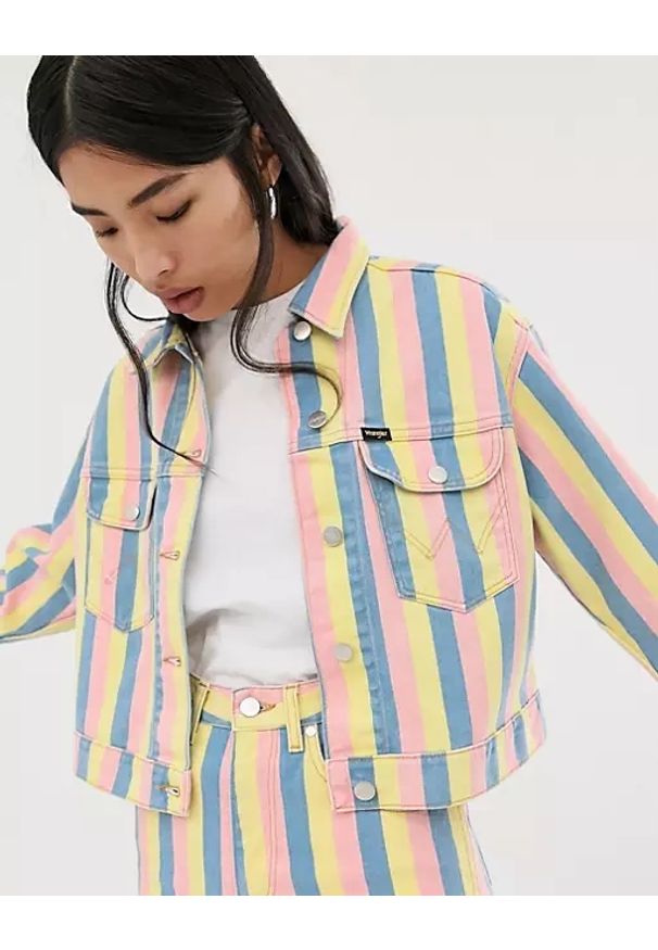 Wrangler - WRANGLER CUT OFF JACKET DAMSKA KURTKA JEANSOWA PASKI SUNNY STRIPES W417WN48K 112128795. Materiał: jeans. Wzór: paski