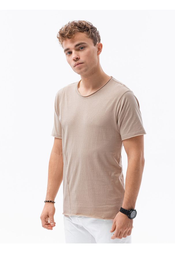 Ombre Clothing - T-shirt męski bawełniany S1378 - beżowy - XXL. Kolor: beżowy. Materiał: bawełna