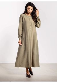 Infinite You - Sukienka rozkloszowana z długim rękawem i paskiem zielona. Okazja: na co dzień, do pracy. Kolor: zielony, brązowy. Długość rękawa: długi rękaw. Typ sukienki: koszulowe. Styl: casual, elegancki #4