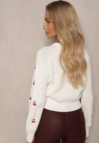 Renee - Biały Sweter z Wiskozą i Haftowanymi Wisienkami Vaioria. Okazja: na co dzień. Kolor: biały. Materiał: wiskoza. Wzór: haft. Styl: casual, elegancki